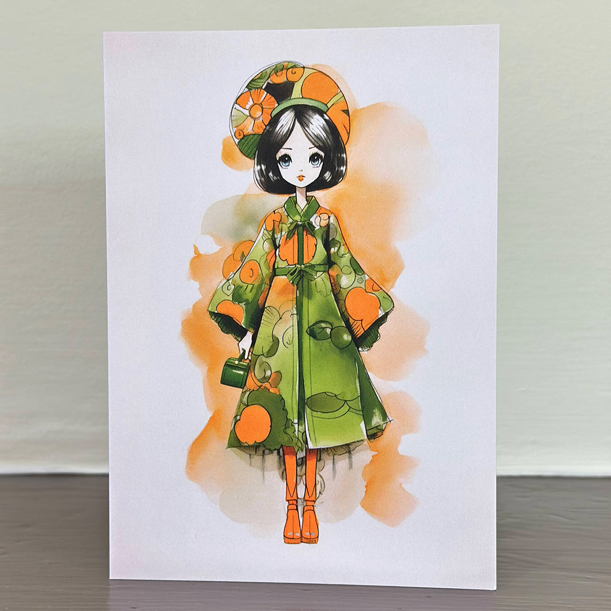 A Sweet Seasons greetings card, featuring a charming image of a girl wearing green