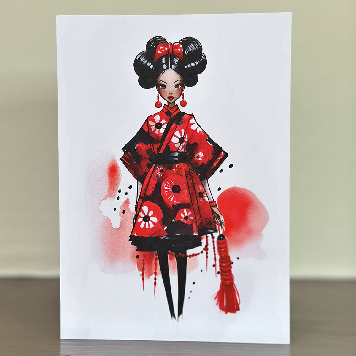 A Sweet Seasons greetings card, featuring a charming image of a girl wearing red